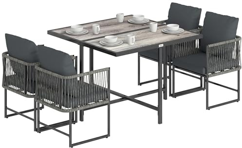 Outsunny Polyrattan Gartenmöbel Set 5-teilig Platzsparend Sitzgruppe Tisch mit 4 Stühlen DPC-Tischplatte abnehmbar Kissen, Essgruppe 4 Personen Gartenset Gartengarnitur für Garten Balkon Terrasse