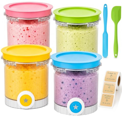 Pack de 4 Recipientes Compatible con Ninja Creami Swirl NC700 NC701EU, 480ml Tarrinas de Helado con 2 Espátulas de Silicona y 1 Rollo de Etiquetas, Sin BPA y Apto para Lavavajillas