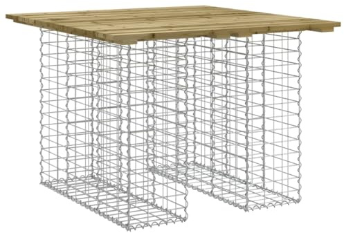 RCODSSK Garden Table Gabion Design 100x102x72 cm, Impregnated Wood Pine Outdoor Table with Galvanised Steel Basket Base for Rocks and Gravels, Compact Patio for Backyard and Garden Spaces