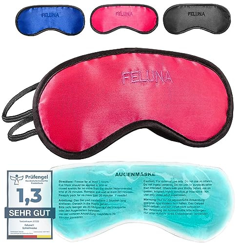 Schlafmaske mit Kühlkissen Schlaf Augenmaske Nachtmaske Schlafbrille mit verstellbarem Gummiband und Seiden-Touch Kühlpad hilft bei Migräne, Kopfschmerzen & Allergien (Pink)