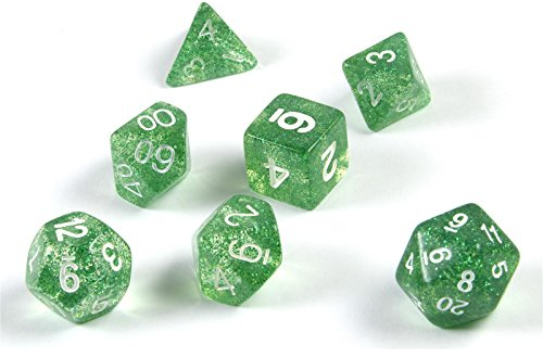 shibby 7 polyedrische Glitzer Würfel für Rollen- und Tabletopspiele in grün mit Beutel