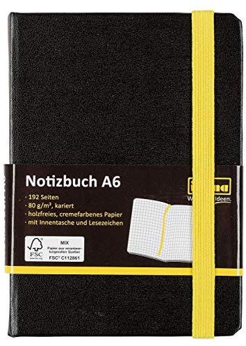 Idena 10699 - Notizbuch A6, 192 Seiten, 80 g/m², kariert, schwarz, 1 Stück