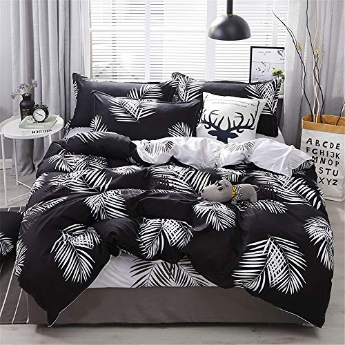 FANSU Set di Biancheria da Letto Matrimoniale de 4 Pezzi, Impianto Set Copripiumino per Letto Matrimoniale Chiusura a Zip con Lenzuola Piane e 2 federe (220x240cm,Foglie Nere)