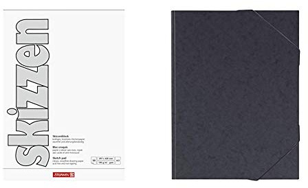 Brunnen 1047355 Zeichen-/Skizzenblock (A3, 190 g/m², 50 Blatt) & 104708390 Sammelmappe (A3, Karton, mit Gummizug) schwarz