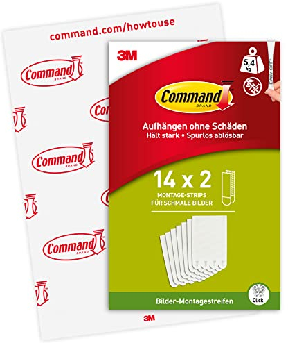 Command Klebestreifen, Vorteilspack 14x2 Schmal (28 Strips), Weiß - Bilder Aufhängen ohne Bohren, Streifen halten bis zu 5 kg, Rückstandsfreies Ablösen