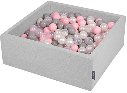 KiddyMoon 90X30cm/200 Balls ∅ 7Cm / 2.75In Square Baby Foam Ball Pit Made In EU, Light Grey/Pearl/Grey/Transparent/Light Pink