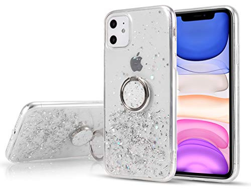 DEFBSC for 6.1 inch iPhone 11 Case with Ring, Glitter Sequin Clear Back Cover with 360° Rotation Ring Holder Kickstand,Soft TPU Bumper Phone Case Slim Transparent Sequin Back Case - White