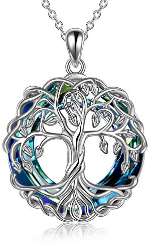 YFN Tree of Life Necklace Jewellery for Women Sterling Silver Celtic Knot Family Tree Pendant With Blue Circle Crystal Irish Jewellery Gifts for Mum Daughter