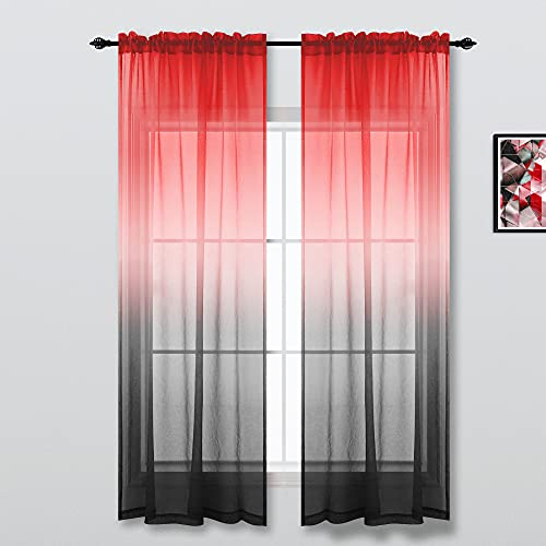 KOUFALL Vorhänge, rot und schwarz, für Wohnzimmer und Schlafzimmer, 2 Paneele, transparent, Farbblock, Gaming, Jungenzimmer, Spielzimmer, 132,1 x 213,4 cm Länge