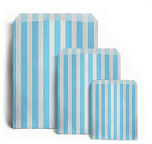 Sabco - 100 Blue Sweet Candy Striped Paper Bags 7 x 9 for Confectionary Party Favour Pick n Mix Wedding Sweets Gift Bag (100, 7 x 9)