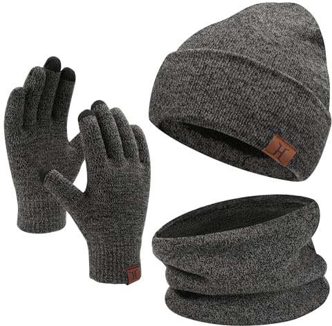 Invernali Cappello Sciarpa e Guanti Touch Screen, Berretto in Maglia Scaldacollo e Guanti con Fodera in Pile per Uomo Donna