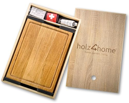 Holz4home Schneidebrett Set Alina Aus massiver Eiche in Geschenkbox mit Pflegeutensilien | Handgearbeitet, Schnittfest und Antibakteriell | Echtholz | Massivholz Zum Zubereiten Und Servieren