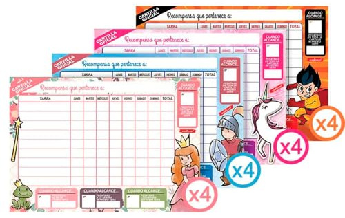 TABLAS DE RECOMPENSAS PARA NIÑOS STARPLAST - Incluye 16 láminas de pegatinas, 4 diseños diferentes de tabla recompensa y 16 hojas de tablas recompensa para usar con niños - Basic