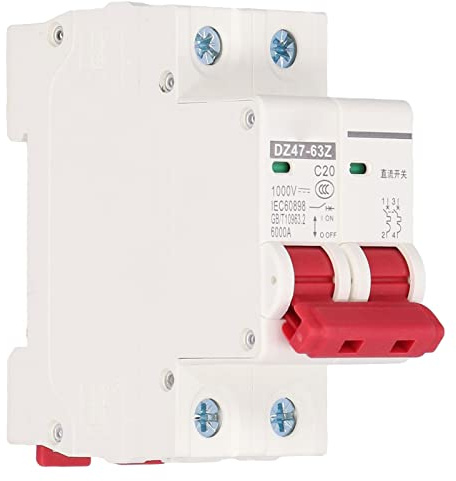 Disyuntor DC,1000V 20A,Interruptor de Circuito Fotovoltaico de 2P,Interruptor Automático Magnetotérmico,para Sistema de Energía Solar ySistema de Comunicación,Montaje en Carril DIN de 35mm