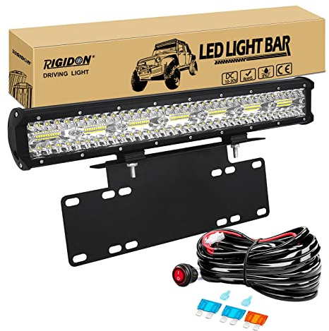 RIGIDON 8D 20 tum 420W Bil Led Light Bar Med registreringsskylt Monteringsfäste 12V ledningsnät Kabelsats för terränglastbil SUV ATV 4x4, Flood Spot Combo, Driving Work Lamp, 6000K Vit