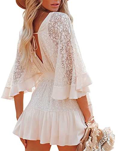 Geagodelia Robe Dentelle Femme Evidée Col V Dos Nu Robe de Plage Vacances Blanche Sexy Courte à Manches 1/2