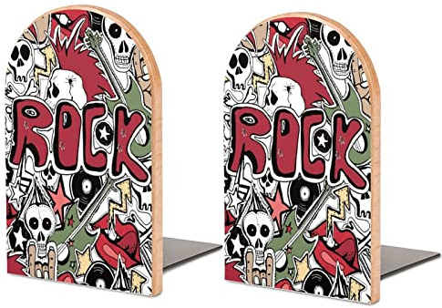 Sujetalibros Abstractos Crazy Punk Rock para estantes para Sujetar Libros, topes Antideslizantes de Alta Resistencia para Libros, decoración de Madera para el hogar y la Oficina