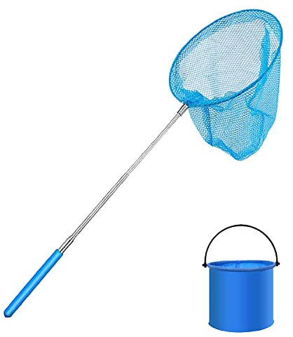 1 Pack Kids Telescopic Butterfly Net Fishing Net Pond Net Extendable (14.5 to 33.8 Inches) With 1 Pack Folding Bucketfor Kids Catching Bugs Insect Small Fish Outdoor Beach Garden Activities (Blue)