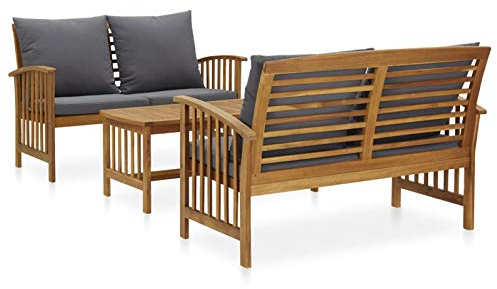 Yolola 3-teiliges Lounge Gartenmöbel Set Holz Gartenlounge Sofa Holz Sitzgruppe Garten Loungemöbel Terrasse Grau Gartensofa Sitzbank Gartengarnitur Gartensessel Sitzgarnitur mit 2X Bank + Tisch