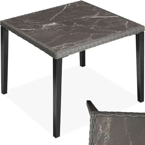 tectake® Mesa de Jardín Exterior de Ratán, Aluminio y Madera, 93,5 x 93,5 x 75 cm, Muebles Jardín Exterior Resistentes a Intemperie, Tablero Gres Extraíble, Topes en Patas, Fácil Montaje - Gris
