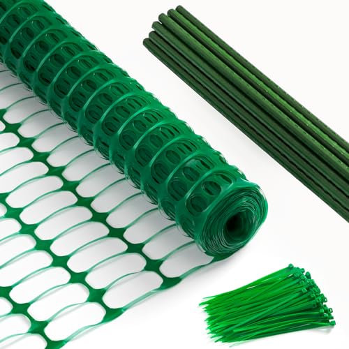Barrier Fencing Mesh Garden Fence 1M x 25M with 21 Fencing Pins, Heavy Duty Garden High Density Plastic Reusable Temporary Mesh Fence for Pets, Poultry, Construction Site