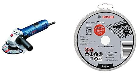 Bosch Professional GWS 7-115 E, Amoladora angular (720 W, 2800 – 11000 rpm, Ø Disco 115 mm, protección rearranque, en caja), Negro/Azul + Disco de corte inox, 115mm, 10 Unidades