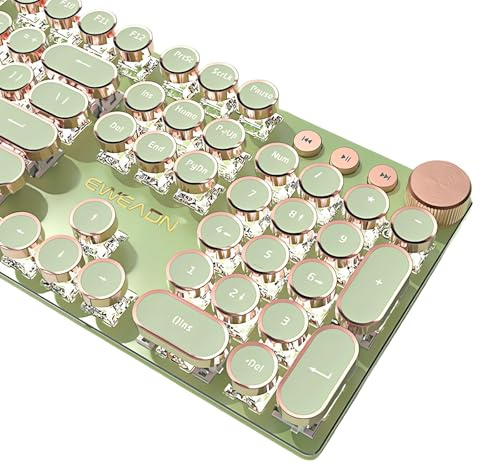 TISHLED Tastiera da gioco meccanica in stile macchina da scrivere retroilluminata a LED bianca 104 tasti NKRO interruttori rosa tasti rotondi retrò anello dorato manopola volume pannello metallico