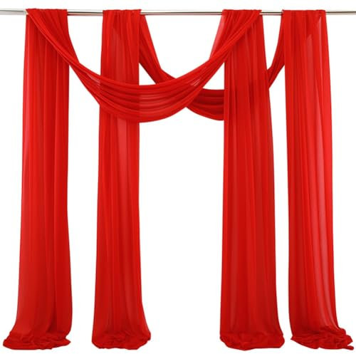 Egurs 2 Stück Querbehang Hochzeit Hochzeitsbogen Tüllstoff Traubogen Tüll Hintergrund Vorhang Chiffon Gardinen Freihanddeko für Fotografie Laube Torbogen Zeremonie Party Rot 75 * 300cm