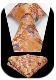 HISDERN Orangefarbene Krawatte mit Blumenmuster für Herren, Krawatten- und Einstecktuch-Set für Hochzeit, Party, Business, formelle Krawatten-Sets mit Geschenkbox