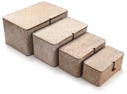 YANGQIHOME 4-pack flätade förvaringskorgar med lock, naturligt sjögräs, rustik rektangulär, vitkalk