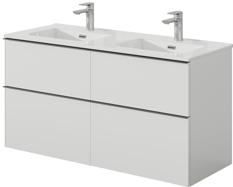 Bernstein Badmöbel-Set Lavoa 120cm bestehend aus Doppel-Waschbecken und Unterschrank mit 4 Schubladen, Waschbeckenunterschrank in Weiß matt, Griff Anthrazit - 5 Jahre Garantie - Waschtisch in Weiß