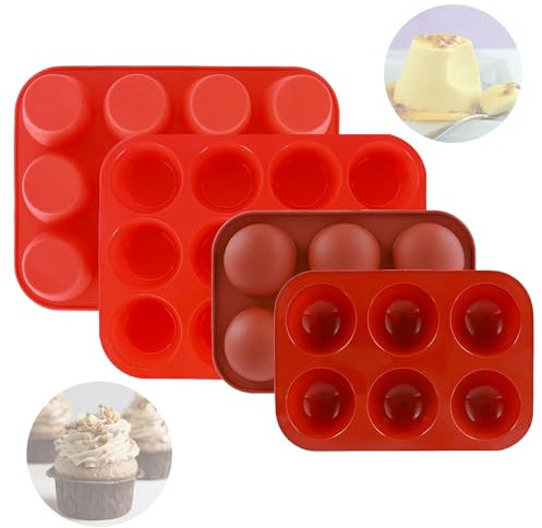 4Pcs Cake Silicone Moulds Set, 2 x 12 Cups Silicone Muffin Trays Deep and Jumbo, 2 x 6 Cups Yorkshire Pudding Tray Semicircle, Non Stick Baking Trays Silicone Cake Moulds for Baking for Cupcakes