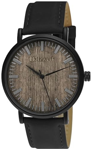 Holzwerk Germany Handgefertigte Flache Designer Unisex Herren Uhr Damen Öko Natur Holz Armband Analog Klassisch Quarz Braun Schwarz Leder-Armband