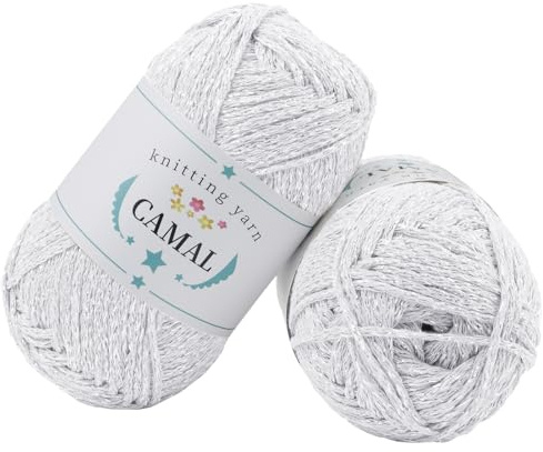 CAMAL 2 Stück Baumwolle zum Häkeln, 200g Glitzern Häkelwolle Baumwolle für Taschen Weich Funkelnd Tshirt Garn für Häkel & Strickgarn, Metallic Häkelgarn für DIY Handtasche (Weiß Silber)