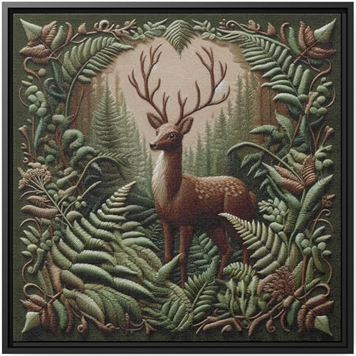 Deer Animal Wall Art Embroidery Artwork Canvas Print Framed Painting Green Forest Ferns Gift Home Office Decor