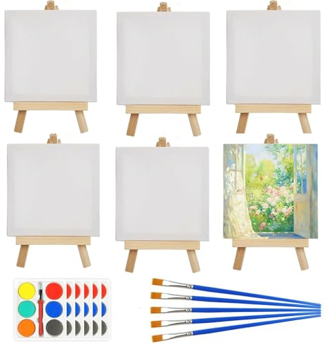 6Pcs Mini Canvas and Easel Set, Small Easel Stand with Painting Boards | Adjustable Wooden Tabletop Display Easels with 6pcs Paint Brushes and Watercolor Powder Palette for Oil Painting Watercolour