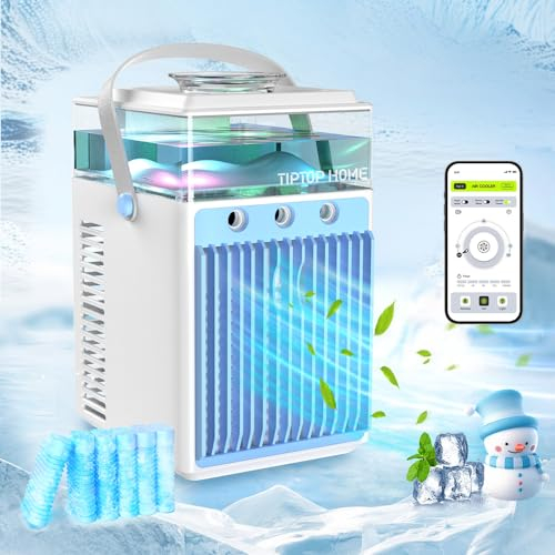 Portable Air Conditioner, 4-IN-1 Evaporative Air Cooler with App Control, 800ml Water Tank, Rechargeable Mini Air Conditioner, 3 Speeds & 3 Mist, Colorful Night Light Cooling Fan