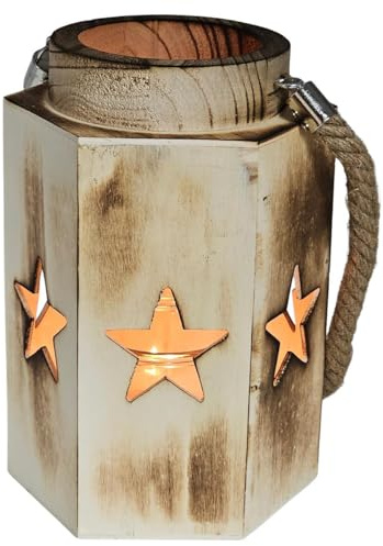 Bambelaa! Christmas Motif Lantern Vintage with Rope Handle Made of Wood Glass Insert Decorative Lantern Indoor and Outdoor for Home and Garden Rustic Wooden Lantern Candle Holder Approx. 14 x 16 x 23