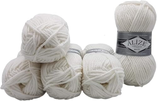 Ilkadim Export Superlana Maxi 5 x 100 Gramm schöne dicke Wolle zum Stricken und häkeln, 500 Gramm Strickwolle 75% Acryl 25% Wolle (weiss 55)