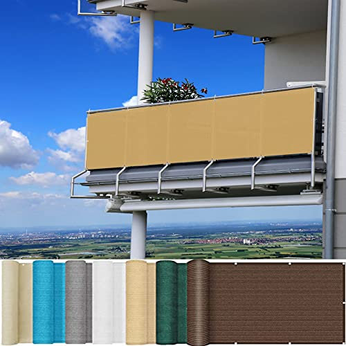 Balkon-Sichtschutz für den Außenbereich, 140 x 950 cm, 95 % Schattierungsrate, Stoff-Zaunabdeckung für Hinterhof, Deck, Khaki, inkl. Ösen, Kabelbinder und Schnur