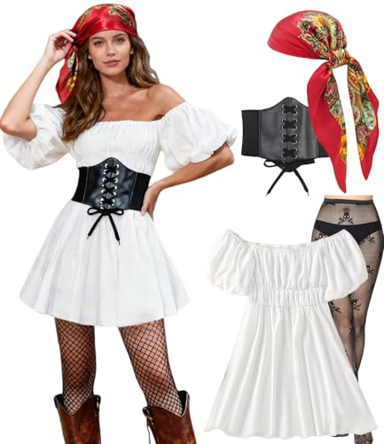 Piratdräkt för kvinnor, medeltida off shoulder, med korsett, strumpor och bandana, sexig dräkt för halloween, karneval, festival, temafest och cosplay (vit, L)