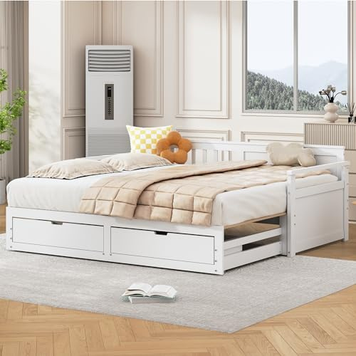Wiuzo Multifunktionales Zwei-in-Eins-Tagesbett 90 (180) x 190 mit Kiefernbett, Schubladen und Ausziehbett (Weiß)