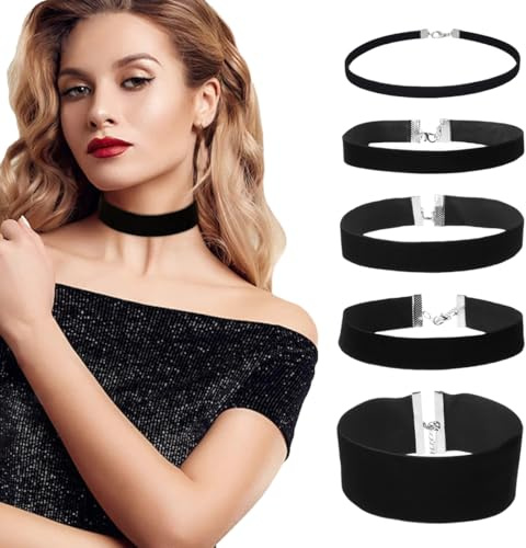 CULEO Kropfbänder in Bijouterie,5 Stück schwarze Samthalskette Halsband Damen schwarzer Samt Schlüsselbeinhalskette