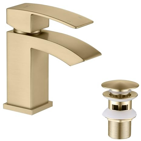 Friota Brushed Gold Waterfall Bathroom Taps with Pop Up Waste, Single Lever