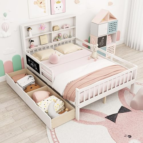 GIANTEX Lit Enfant 140 x 200 cm avec Tableau Noir, Barrière de Sécurité, Tête de Lit avec Bibliothèque à 2 Niveaux, 2 Grands Tiroirs, Sommier à Lattes, Charge 220 kg, pour 2 Personnes, Blanc