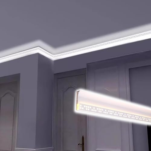 Jievmrs Led Channel Crown Moulding Led Diffuser for Led Strip, Ceiling Trim Molding Channel with Hollowed Aluminum Strip, Flexible Baseboard Lighting Skirting Slot(2.7m/8.9ft)