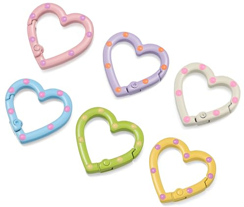 6 Stück Herz Schlüsselring Karabinerhaken, aus Metall mit Punkten | Bunter Herz Karabiner – Mini Karabiner für Taschenanhänger – DIY Schmuck – Schlüsselbund – Federverschluss – Deko Basteln 6