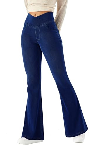 LaiEr Women Bootcut Jeans V Crossover High Waist Pull on Tummy Control Casual Fitness Skinny Yoga Pants,Denim Highly Elasticity Soft Fabric,Flared Fitness Trousers with Side Pockets(Dark Blues)