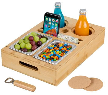 Relaxdays Serveringsbricka för mat, bambu, skålar i rostfritt stål snacks och drycker, underlägg, naturlig, kork, 8 x 40 x 26 cm