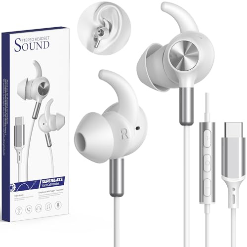 Cuffie USB C In Ear Tappi Auricolari Antiscivolo Microfono e Controllo Volume Cuffie con Filo per Samsung Galaxy S25 Ultra S24 A16 iPhone 17 16 15 iPad Pixel 9 8 per Sport Gaming Ufficio Musica Bianco
